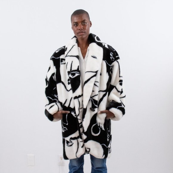 Vintage 80s L Faux Fur Faces Print Wrap Midi Coat - Picture 2 of 16